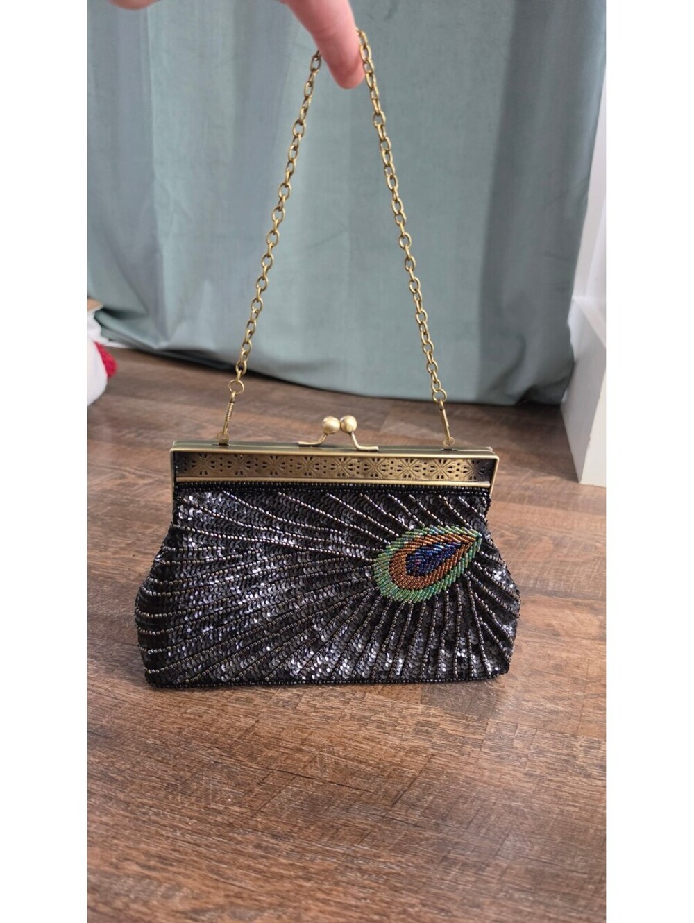 Elegant Black Beaded Evening Clutch with Peacock Design
